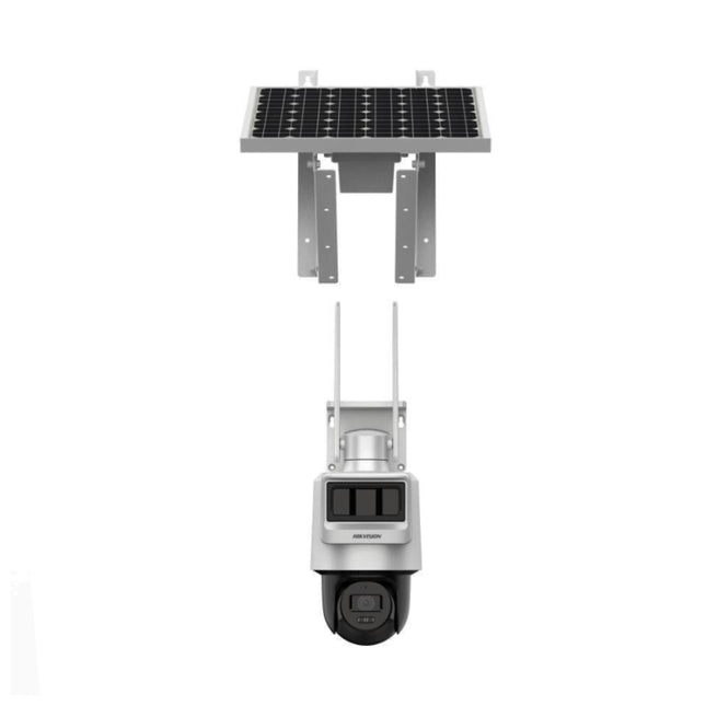 Caméra Hikvision 4MP avec panneau solaire, modèle DS-2DE2C400IWG-K/4G, vue de la caméra avec panneau solaire.