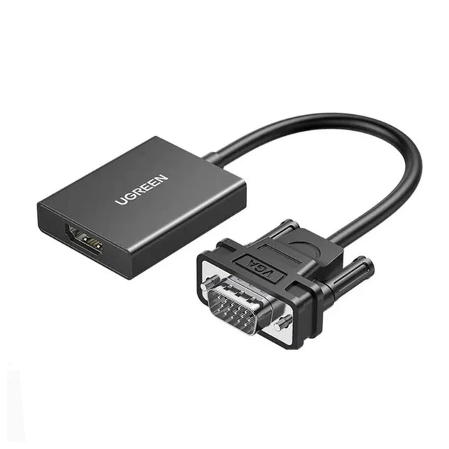 Adaptateur VGA vers HDMI Ugreen avec audio, résolution 1080p à 60Hz, connecté à un câble VGA et HDMI.