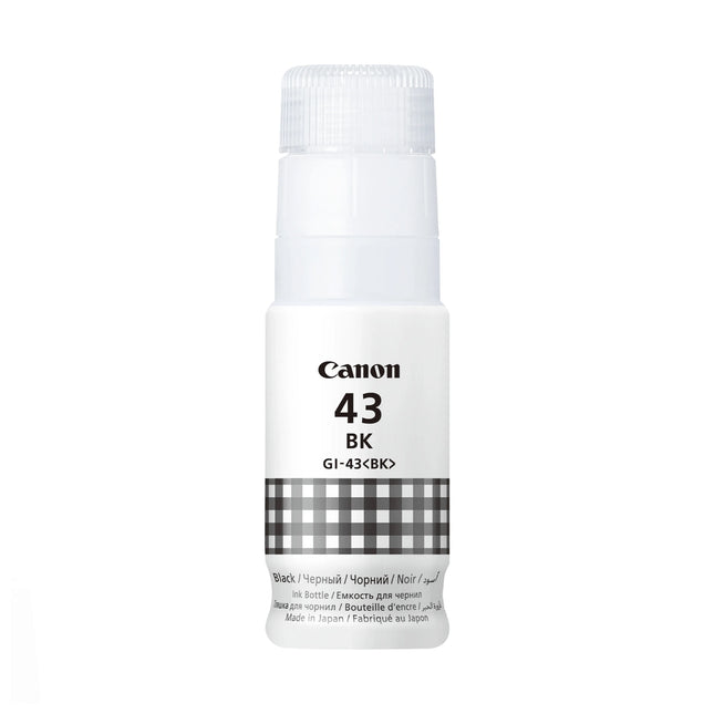 Bouteille d'encre noire Canon GI-43BK pour imprimante, contenant de l'encre originale Canon, 4698C001AA, visible dans l'image.