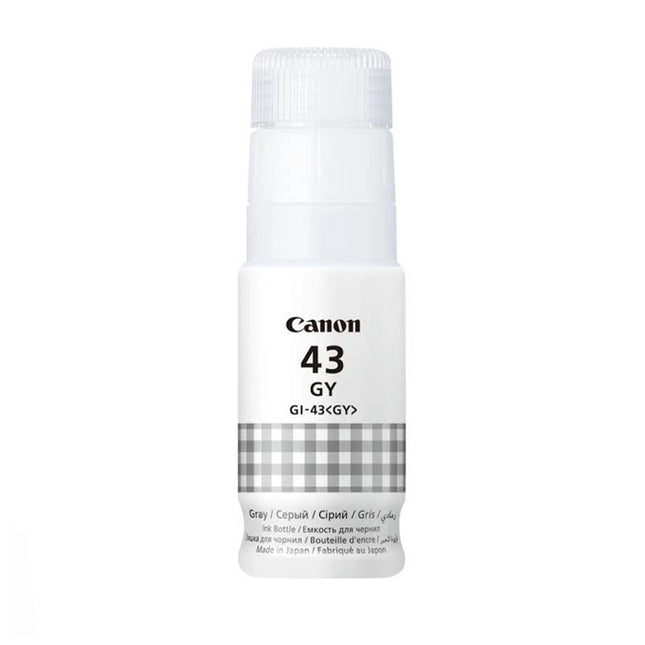 Bouteille d'encre originale Canon INK GI-43 GY pour imprimante, contenance en encre gris, emballage en plastique.