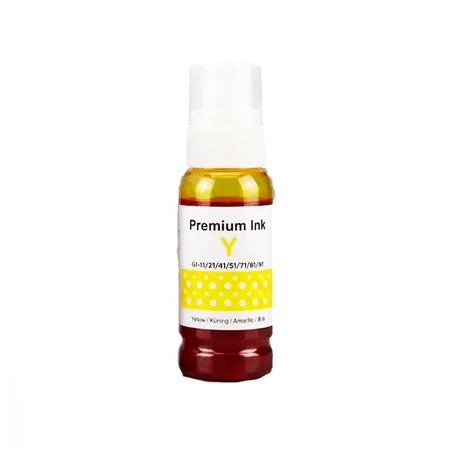 Bouteille d'encre jaune adaptable Canon 41, contenant de l’encre pour imprimante, vue de face avec étiquette visible.