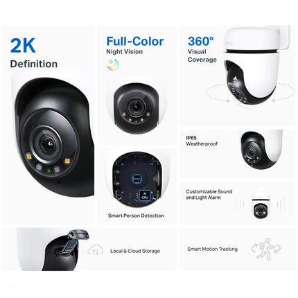 Caméra WiFi TPLINK Tapo C510W 2K avec objectif grand-angle, enregistrement vidéo haute résolution, visible en gros plan.
