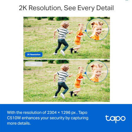 Caméra WiFi Tplink Tapo C510W 2K avec objectif grand-angle, vue de face, en intérieur, affichant l'image de surveillance.