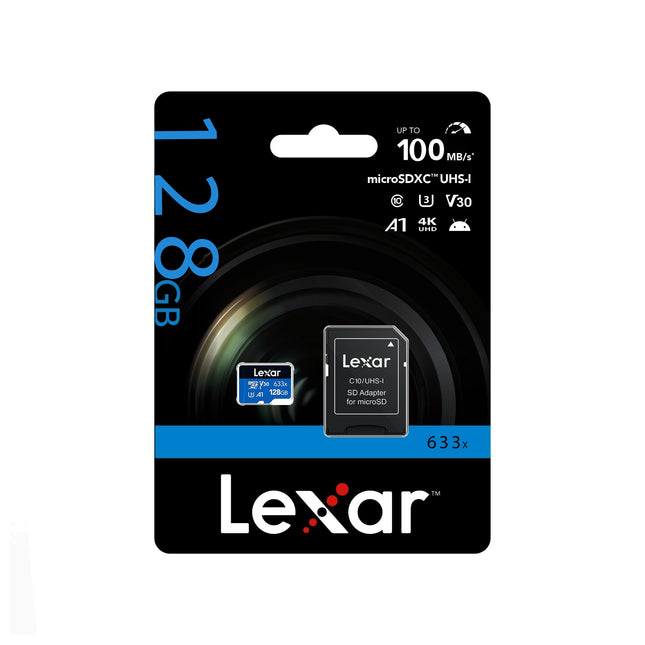 Carte mémoire Lexar 128GB High Performance 633X MicroSDHC pour stockage rapide et fiable.
