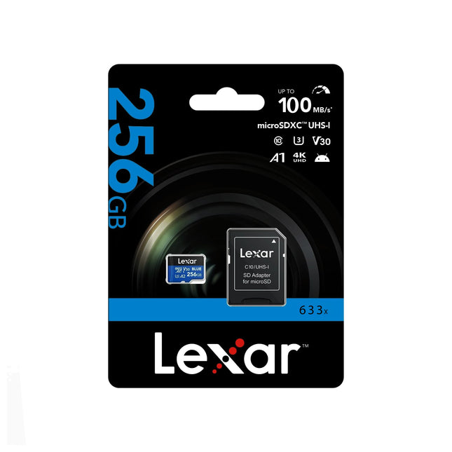 Carte mémoire Lexar 256GB MicroSDHC High Performance 633X pour stockage rapide et fiable d'images et vidéos.