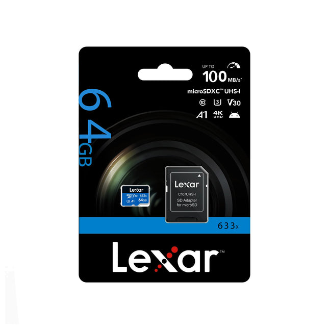 Carte mémoire Lexar 64GB High Performance 633X MicroSDHC pour stockage rapide et fiable d'images et vidéos.