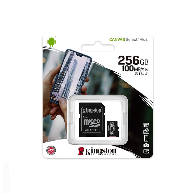 Carte mémoire Kingston Canvas Select Plus 256GB, rapide et fiable, avec un design robuste visible sur l'image.