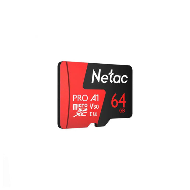 Carte mémoire Netac P500 64GB Micro SDXC Extreme Pro Class 10, vue de face avec étiquette et connecteur.