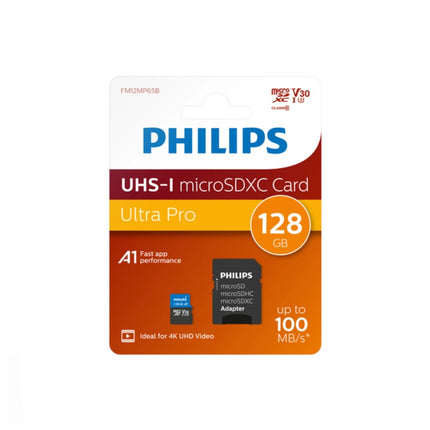 Carte mémoire Philips 128GB, carte mémoire fiable pour stockage de photos, vidéos et fichiers sur appareils électroniques.