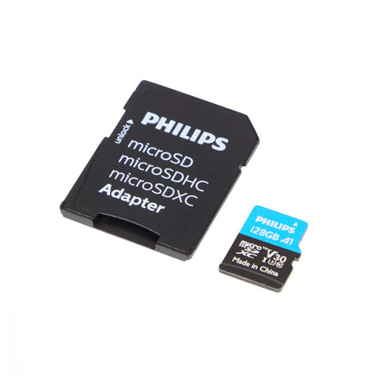 Carte mémoire Philips 128GB, stockage de données avec étiquette claire, compacte et résistante, idéale pour appareils électroniques.