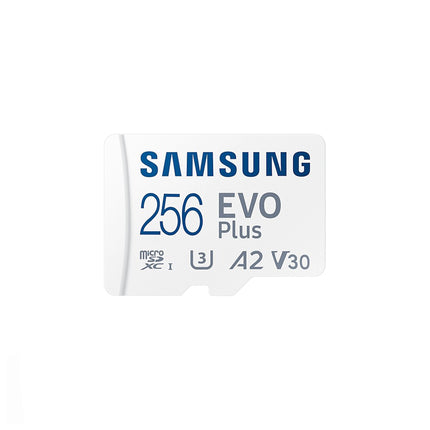 Carte mémoire Samsung EvoPlus MicroSDXC 256GB UHS-I Classe 10, capacité pour appareils photo et smartphones.