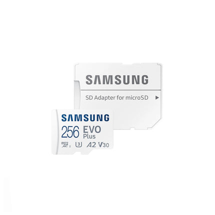 Carte mémoire Samsung EVO Plus MicroSDXC 256GB UHS-I Classe 10, stockage pour appareils photo et smartphones, vue de la carte.