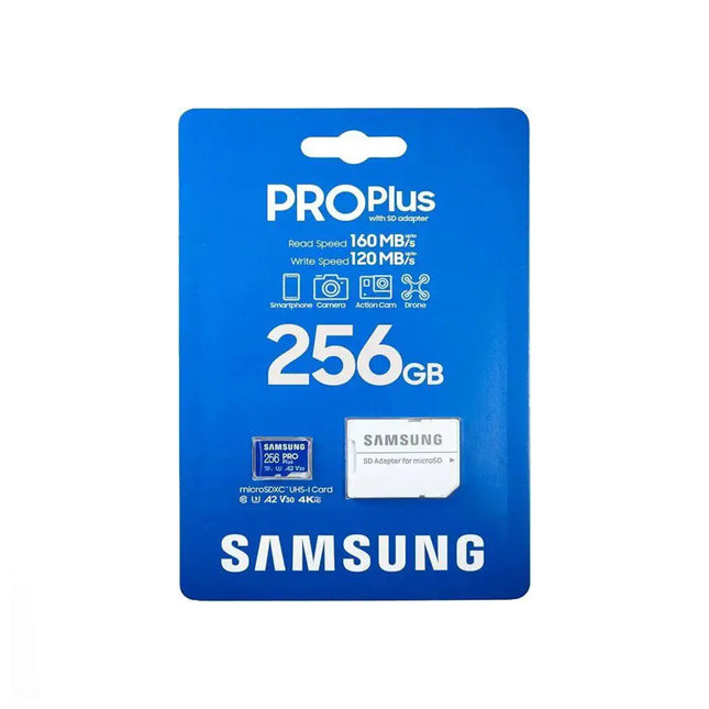 Carte mémoire Samsung ProPlus MicroSDXC 256GB UHS-I Classe 10, vue de la fiche technique et du packaging