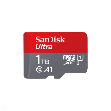 Carte mémoire Sandisk Ultra MicroSDXC 1TB avec vitesse de 150MB/s et classe 10, UHS-I, montrée en gros plan.
