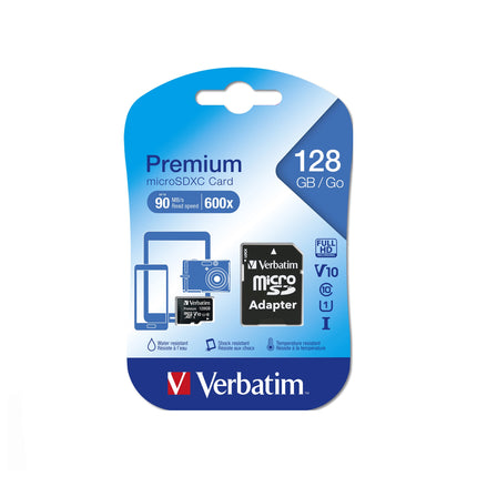 Carte mémoire Verbatim Micro SD 128GB premium avec étiquette de capacité visible, idéale pour stockage rapide et fiable.