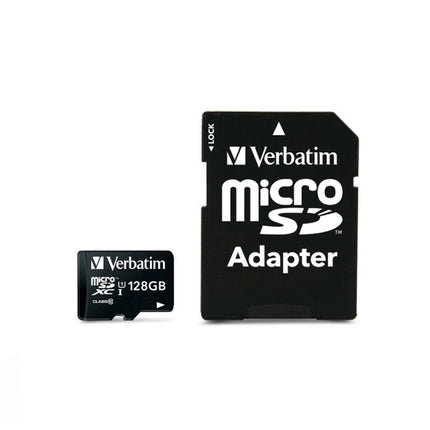 Carte mémoire Verbatim 128GB micro SD premium pour stockage rapide et fiable, avec étiquette blanche et connecteur micro SD visible.