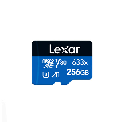 Carte mémoire microSDHC Lexar 256GB High Performance 633X, vue de face avec étiquette et capacité visible.