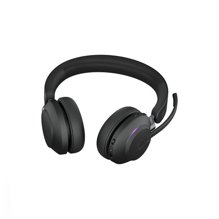 Casque Jabra Evolve2 65 MS avec micro et coussinets confort, vue de face, pour appels professionnels et audio.