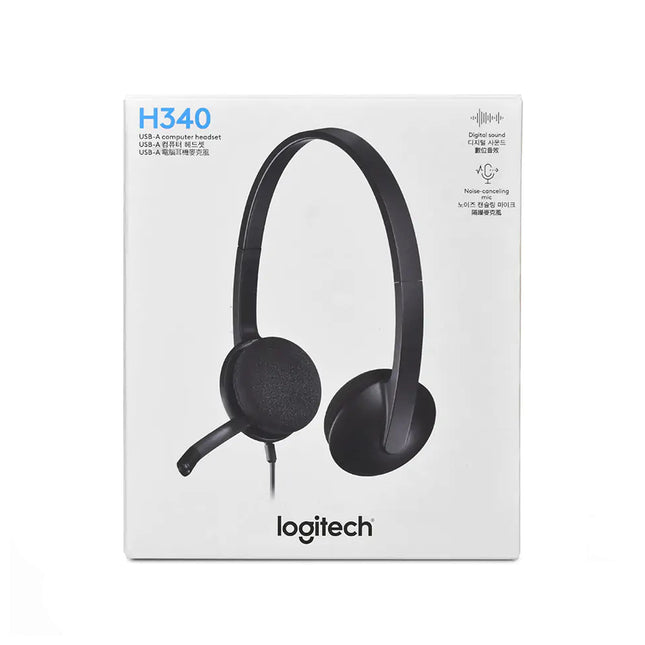 Logitech H340 stereo headset with anti-parasite microphone and USB-A connection, suitable for clear audio communication.