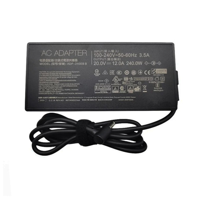 Chargeur Asus original 240W 20V 12A pour ordinateur portable, neuf, avec câble d'alimentation, vue de face.