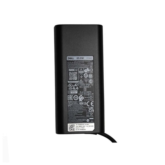 Chargeur Dell original type C 65W pour ordinateur portable, connecté à un port USB-C avec câble de recharge.