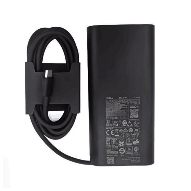 Chargeur Dell original Type C 165W pour ordinateur portable, neuf, avec câble d'alimentation, connecté à un ordinateur portable Dell.