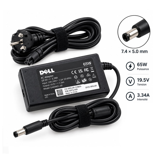 Chargeur Dell original XPS 65W pour ordinateur portable, neuf, avec câble d’alimentation, adapté aux modèles Dell XPS.