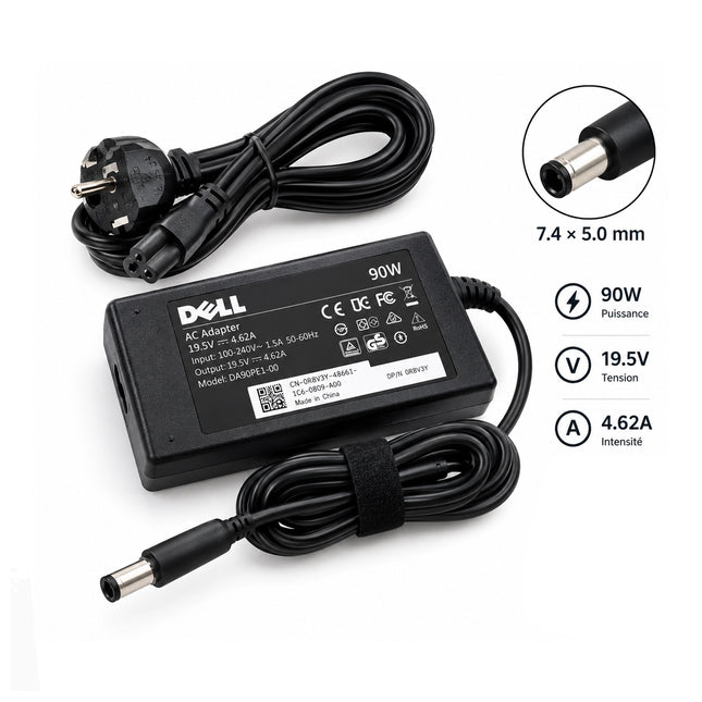 Chargeur d'ordinateur portable DELL original XPS 90W, 19.5V, 4.62A, remis à neuf, visible avec câble et connecteur.