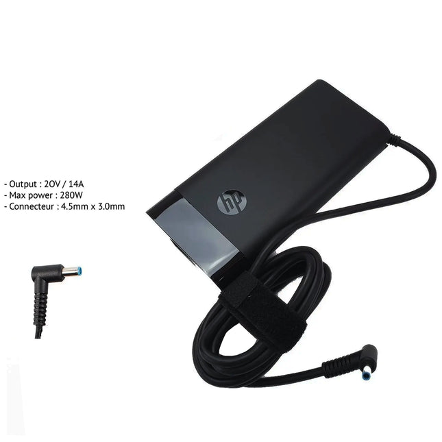 Chargeur HP original pour ordinateur portable, 20V 14A 280W, tête bleu, remis à neuf, compatible avec modèles HP.