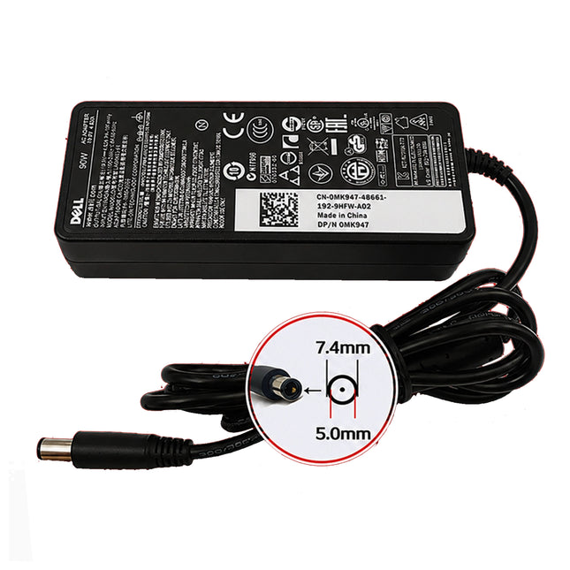 Chargeur Dell original pour ordinateur portable, 19.5V 4.62A, 7.4*5.0mm, 90W, câble de connexion visible.