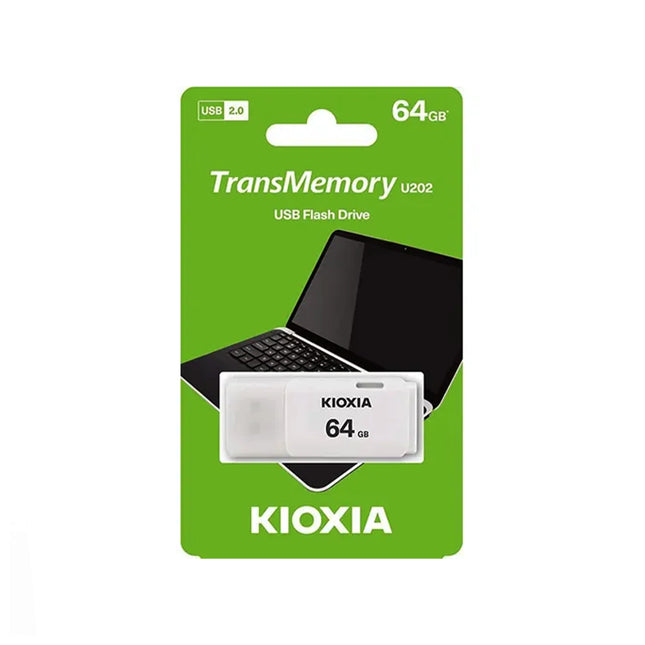 Clé USB 64GB KIOXIA 2.0, compacte et portable, avec connecteur USB moderne pour stockage de données.