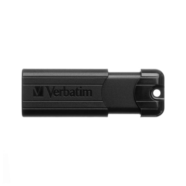 Clé USB Verbatim de 64GB, USB 3.2 Gen 1, en noir avec design à rayures, connecteur USB visible.