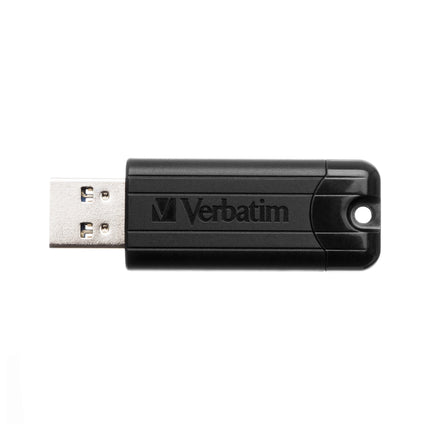 Clé USB 64GB Verbatim USB 3.2 Gen 1 noire avec rayures, connecteur USB élégant et compact.