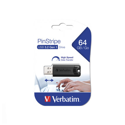 Clé USB Verbatim 64GB noir avec bande pinstripe, connecteur USB 3.2 Gen 1 pour stockage rapide.