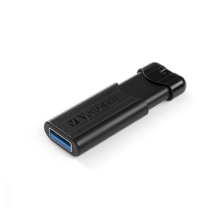 Clé USB Verbatim 64GB USB 3.2 Gen 1 noire avec rayures, connecteur USB facilement accessible.