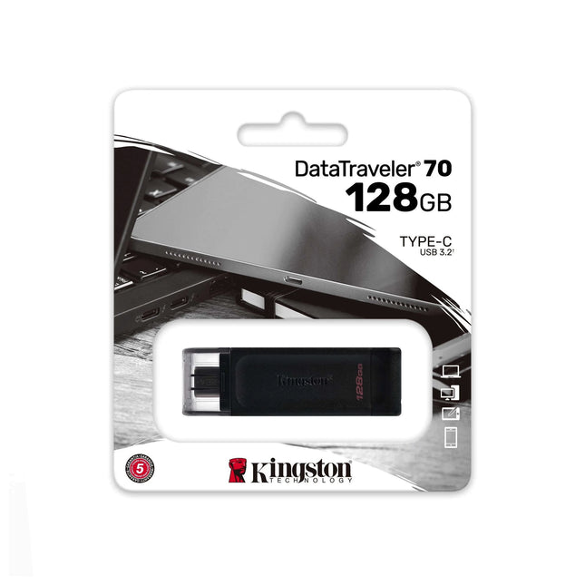 Clé USB Kingston DataTraveler 70 128GB USB-C 3.2 Gen 1, compacte et portable, pour stockage rapide de données.