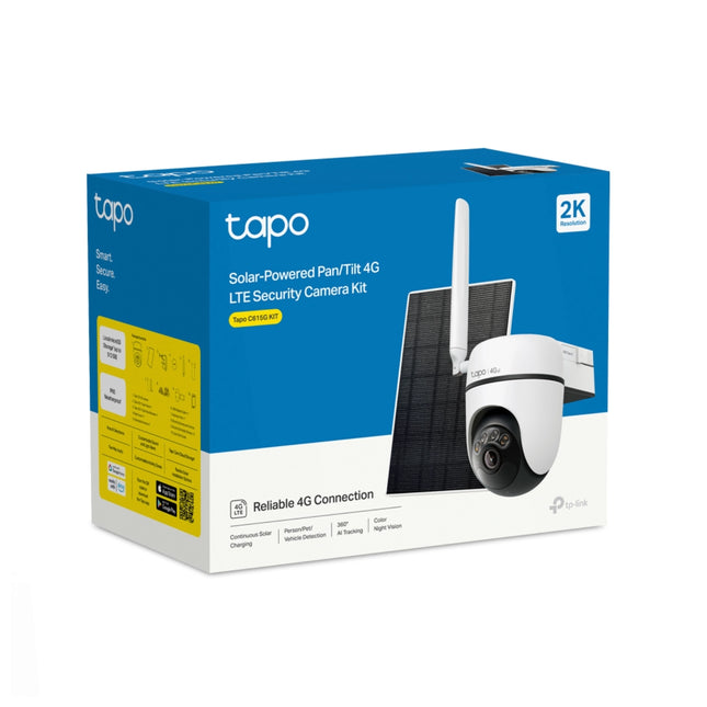 Caméra Tplink Tapo C615G 4G, panoramique et inclinable avec panneau solaire pour surveillance extérieure.