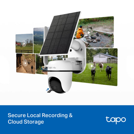Caméra 4G Tplink Tapo C615G panoramique et inclinable avec panneau solaire, surveillance extérieure robuste et sans fil.