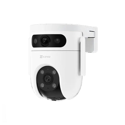 Caméra extérieure EZVIZ à double objectif 3MP + 3MP en couleur PT, vue de face avec objectif panoramique et zoom.