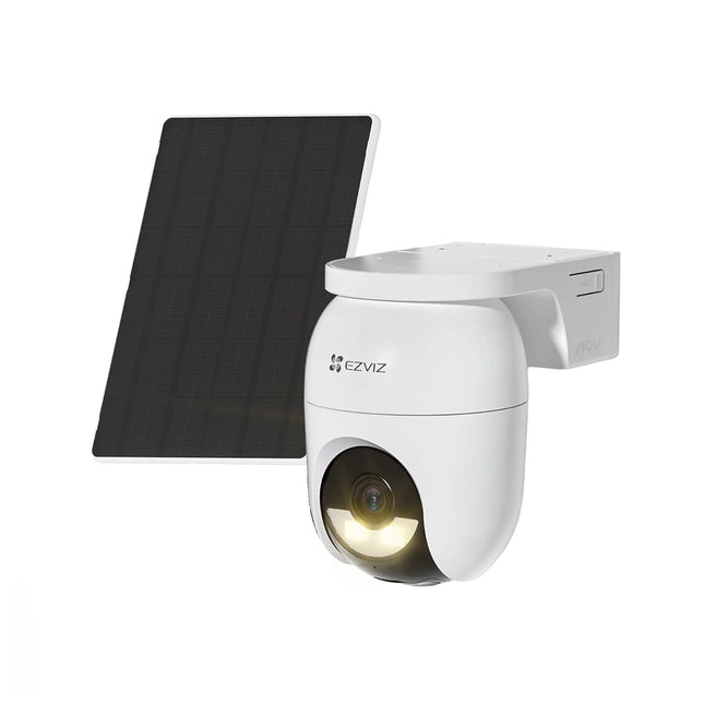 Caméra extérieure EZVIZ à batterie 4MP PT, vue de face avec objectif et capteur, installation en extérieur.