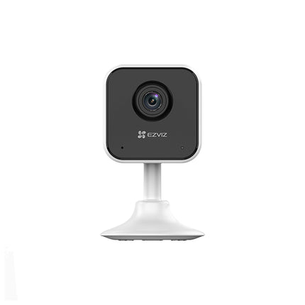 Caméra intérieure EZVIZ 2MP Cube, modèle CS-H1C-R101-1G2WR, vue de la caméra avec objectif et détails du boîtier.
