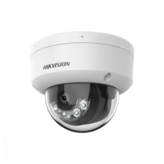 Caméra IP Hikvision Dome 4MP avec lumière hybride, audio intégré et design compact pour surveillance extérieure.