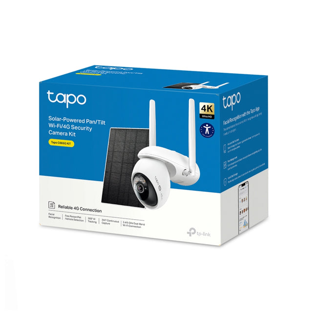 Caméra WiFi 4G Tplink Tapo C665G panoramique 4K inclinable avec panneau solaire, surveillance extérieure robuste.