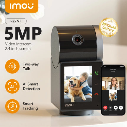 Caméra WiFi IP IMOU Rex VT 3K 5MP pour intérieur, vue de face avec objectif large et microphone intégré.
