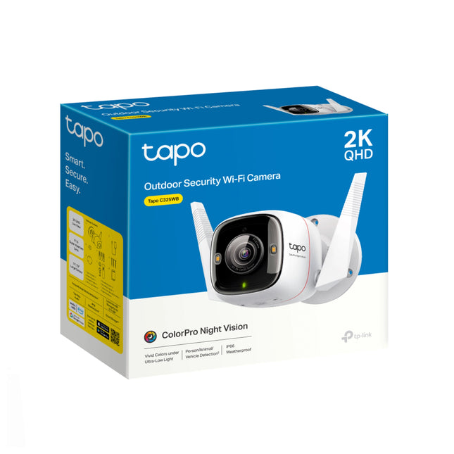 Caméra WiFi extérieure Tplink Tapo C325WB en 2K QHD avec objectif grand angle et support pour surveillance de sécurité.