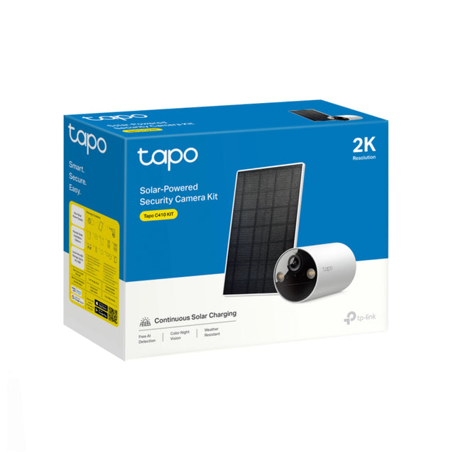 Caméra WiFi Tplink Tapo C410KIT avec objectif grand angle, vue de face, montrant l'appareil noir et compact.