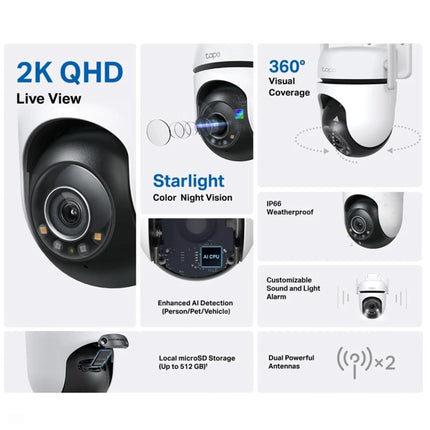 Caméra Wi-Fi TP-Link Tapo C520WS avec objectif grand angle, affichée en gros plan sur fond blanc.