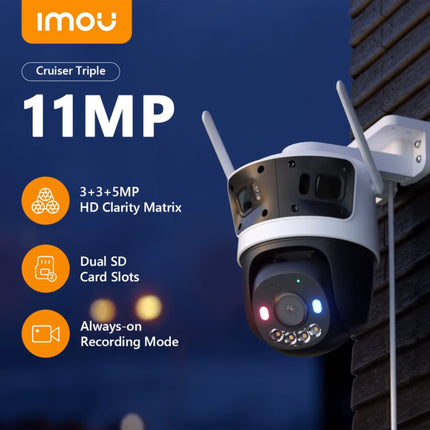 Caméra Wi-Fi IMOU Cruiser à triple lentille 11MP, extérieure, avec objectif large pour surveillance extérieure.