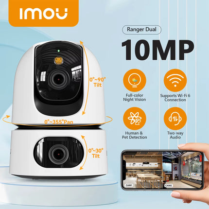 Caméra Wi-Fi IMOU Ranger Dual 10MP pour intérieur, avec objectif large et design moderne, vue de la caméra en activité.