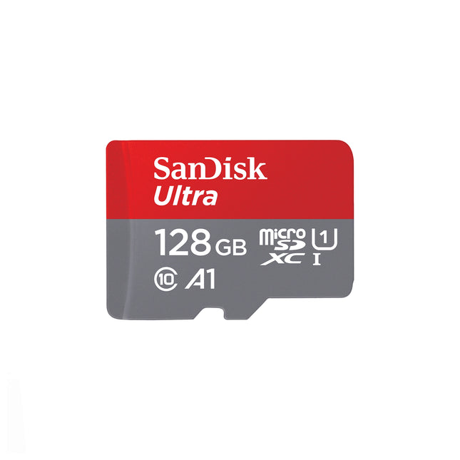 Carte mémoire microSD SanDisk Ultra 128 Go avec vitesse de 100 Mo/s, idéale pour stockage rapide et fiable.